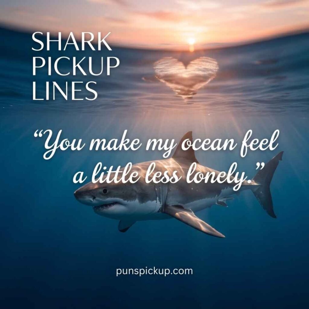 Romantic sunset ocean scene with a peaceful shark and elegant shark pickup lines text paired with a heartfelt ocean-themed saying.