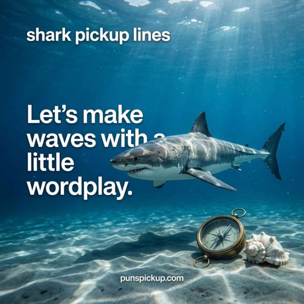 Clever underwater shark scene with ocean exploration details, shark pickup lines, and a witty wordplay-themed saying.