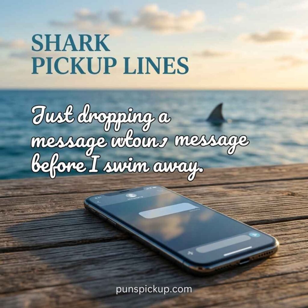 Smartphone by the ocean with a distant shark fin, texting-themed shark pickup lines, and a playful message.