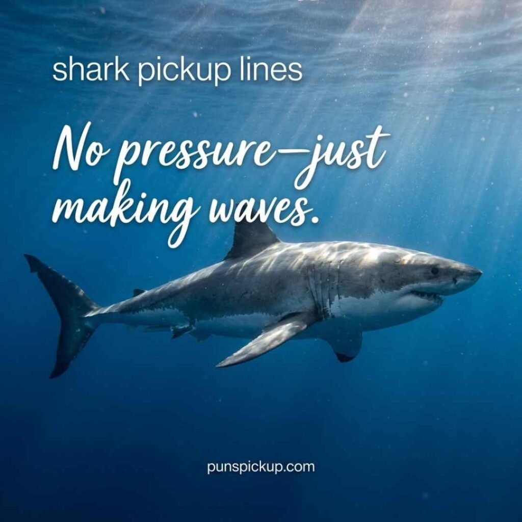 Sleek great white shark gliding through deep blue water with stylish shark pickup lines and a smooth ocean-themed saying.