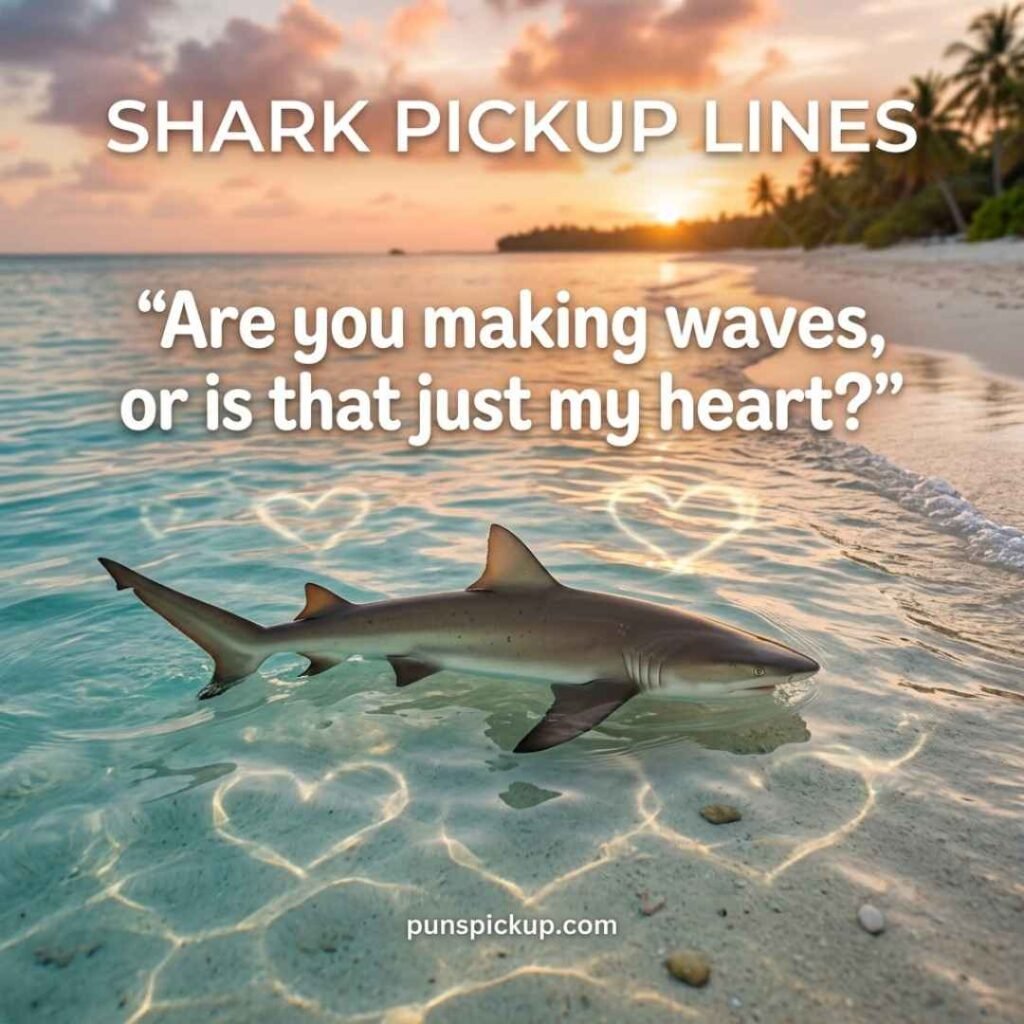 Playful golden-hour ocean scene with a realistic shark, romantic reflections, and shark pickup lines featuring a flirty ocean-themed saying.