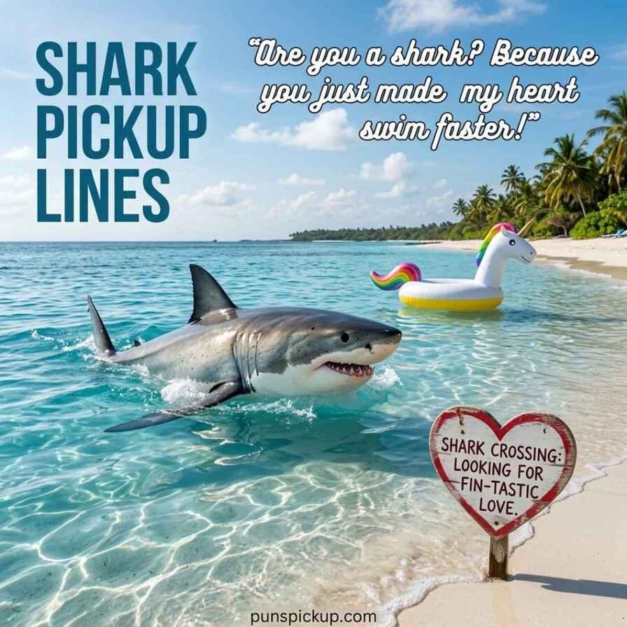 Funny shark pickup lines featured image showing a realistic shark surfacing beside a tropical beach with a playful romantic saying.