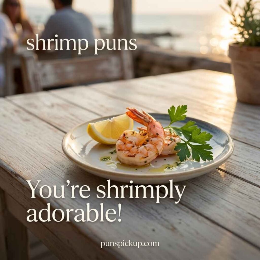Cute shrimp puns featuring two realistic cooked shrimp, lemon and parsley, soft golden lighting, and an adorable shrimp-themed saying.