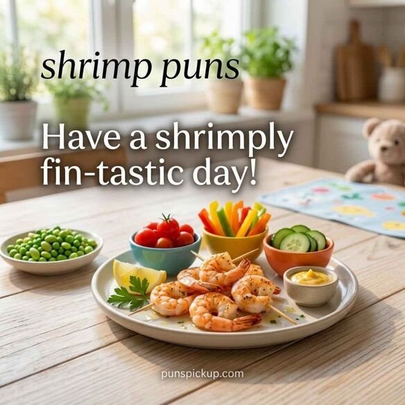 Family-friendly shrimp puns for kids featuring a realistic shrimp plate, colorful vegetables, sunny kitchen setting, and a cheerful fin-tastic message.