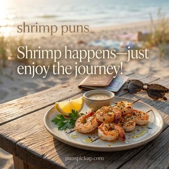 Travel and foodie shrimp puns featuring a realistic shrimp dish at a scenic coastal destination with travel-inspired props and warm natural lighting.