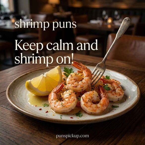 Funny shrimp puns one liners with a realistic plate of shrimp, lemon, fork, cinematic restaurant lighting, and a playful “keep calm and shrimp on” message.