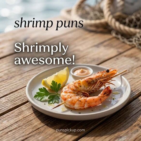 Short shrimp puns with a realistic cooked shrimp, lemon garnish, coastal background, and prominent “Shrimply awesome” saying in natural food photography.