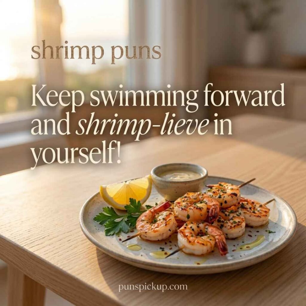 Motivational shrimp puns featuring a realistic grilled shrimp dish in uplifting sunrise light with an encouraging shrimp-themed message.
