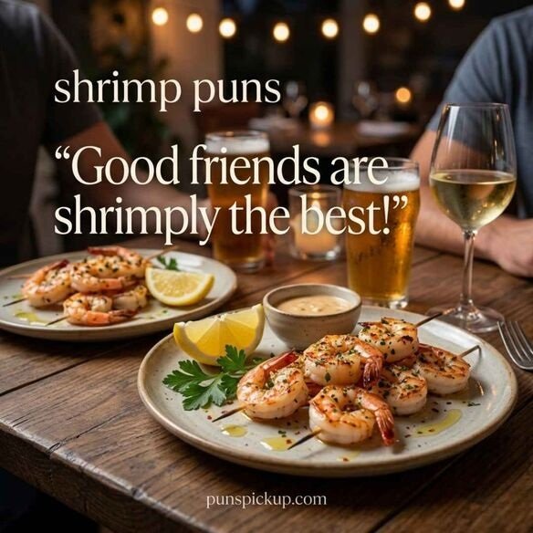 Realistic shrimp puns for friends featuring a casual seafood dinner, two shrimp plates, lemon wedges, warm restaurant lighting, and a friendship-themed joke.