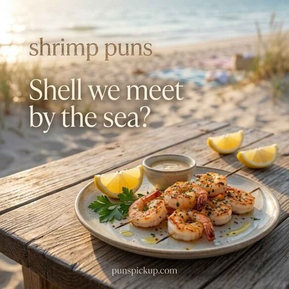 Shrimp puns for beach lovers featuring realistic grilled shrimp by the ocean, lemon garnish, golden-hour lighting, and a playful seaside shrimp joke.