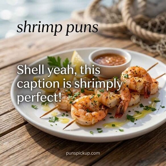 Shrimp puns captions featuring a realistic plated shrimp appetizer, lemon and herbs, with a funny shell-themed caption in a professional food photography setting.