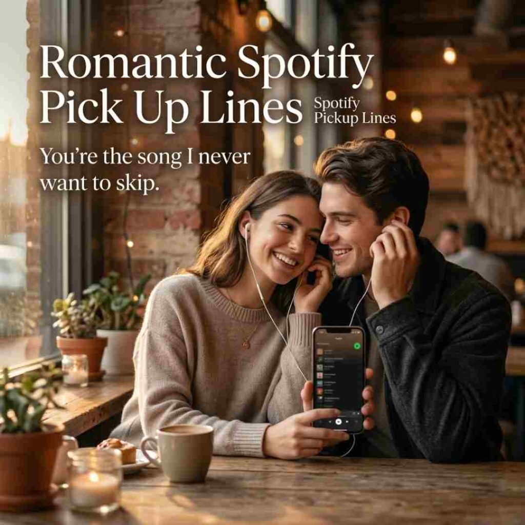 A romantic couple sharing headphones and enjoying music together with Spotify Pickup Lines displayed alongside a heartfelt music-themed pickup line.