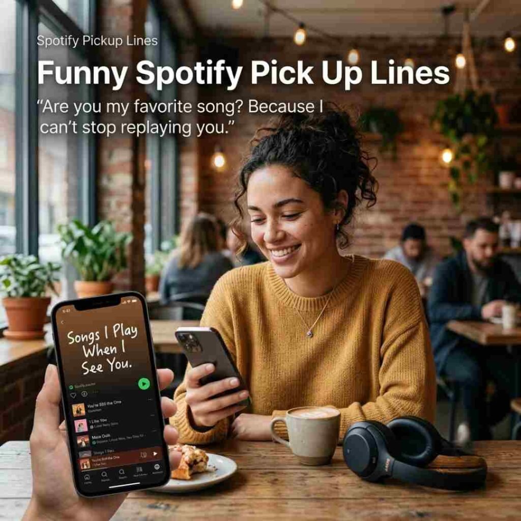 Funny Spotify Pickup Lines with a smiling young adult, smartphone playlist, headphones, and humorous café setting featuring a playful music-themed pickup line.