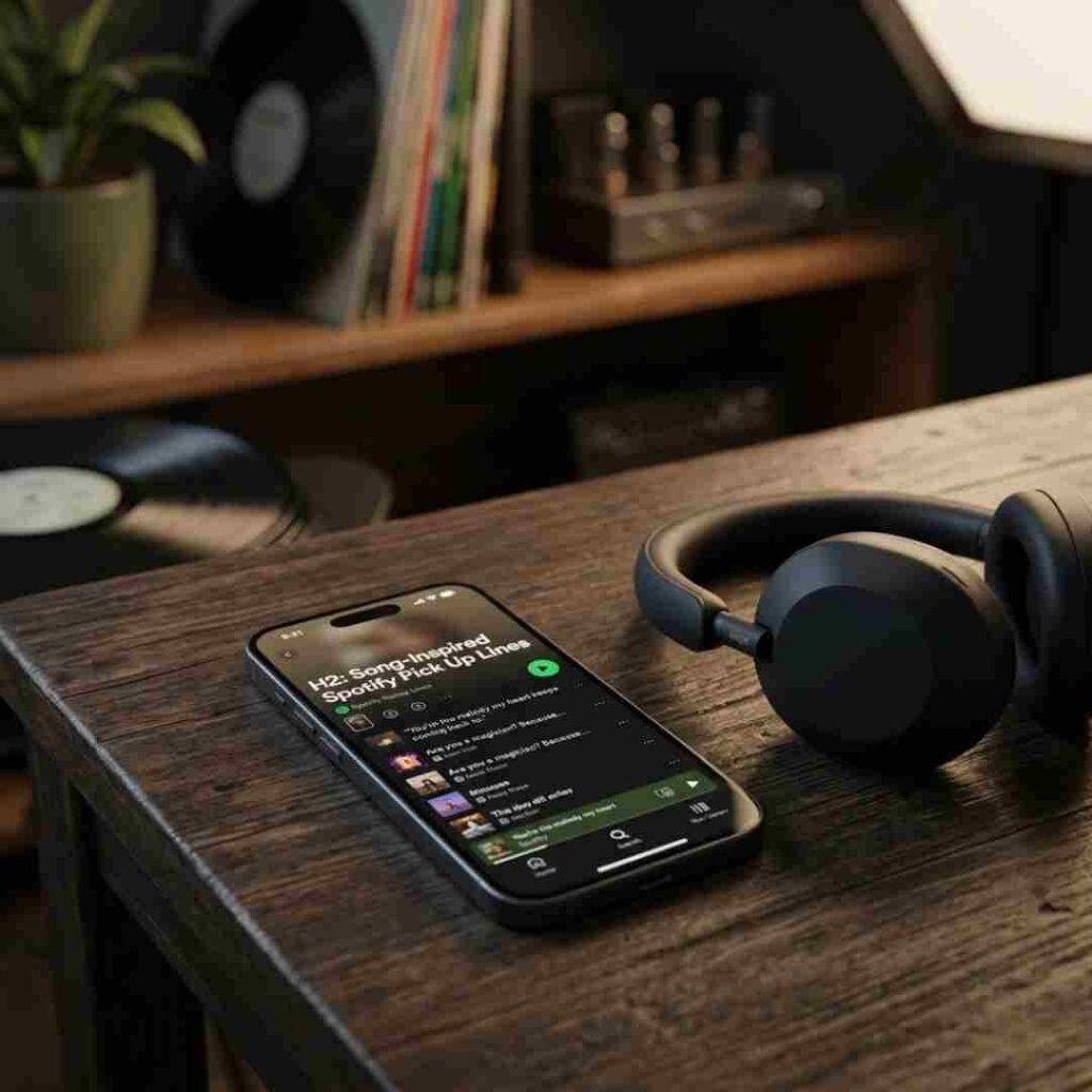 Song-inspired Spotify Pickup Lines displayed beside realistic headphones, a smartphone playlist, and vinyl records in a cinematic music setting.