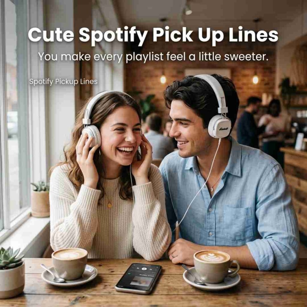 Cute couple sharing headphones in a cozy café with Spotify Pickup Lines and a sweet music-themed pickup message.