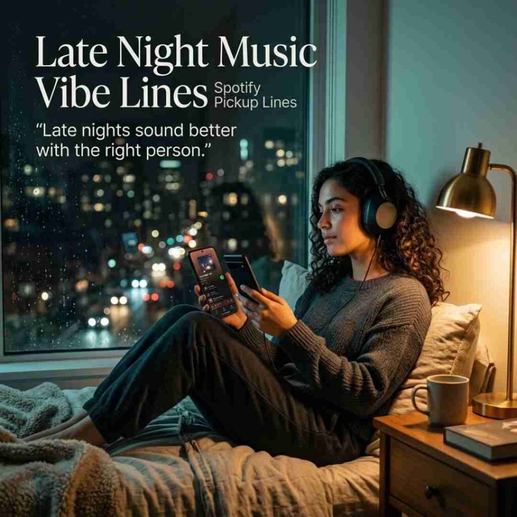 Late-night music scene featuring headphones, a glowing smartphone playlist, city lights, and a romantic Spotify Pickup Lines message.