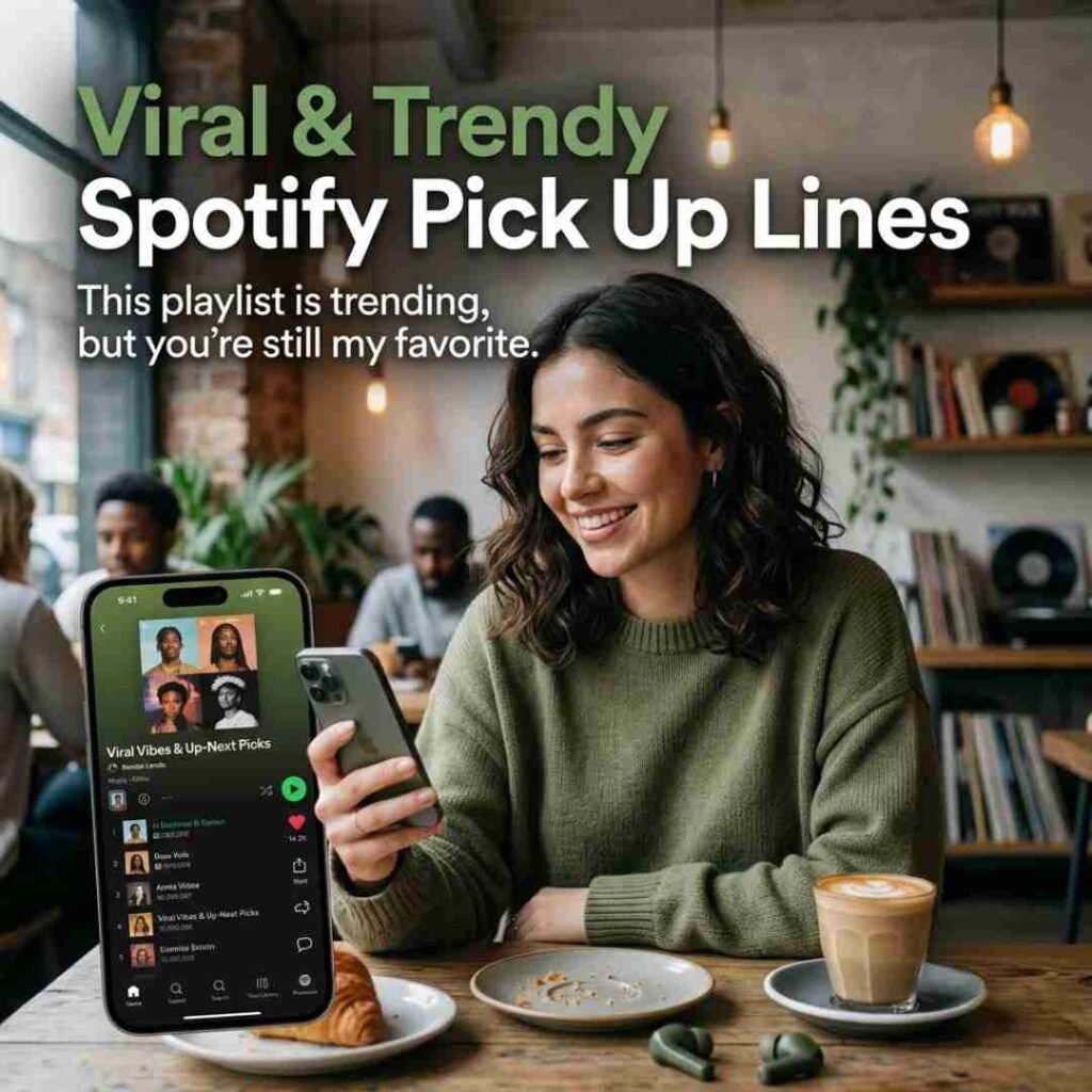 Viral and trendy Spotify Pickup Lines shown on a modern smartphone with a stylish social-media-inspired music setting.