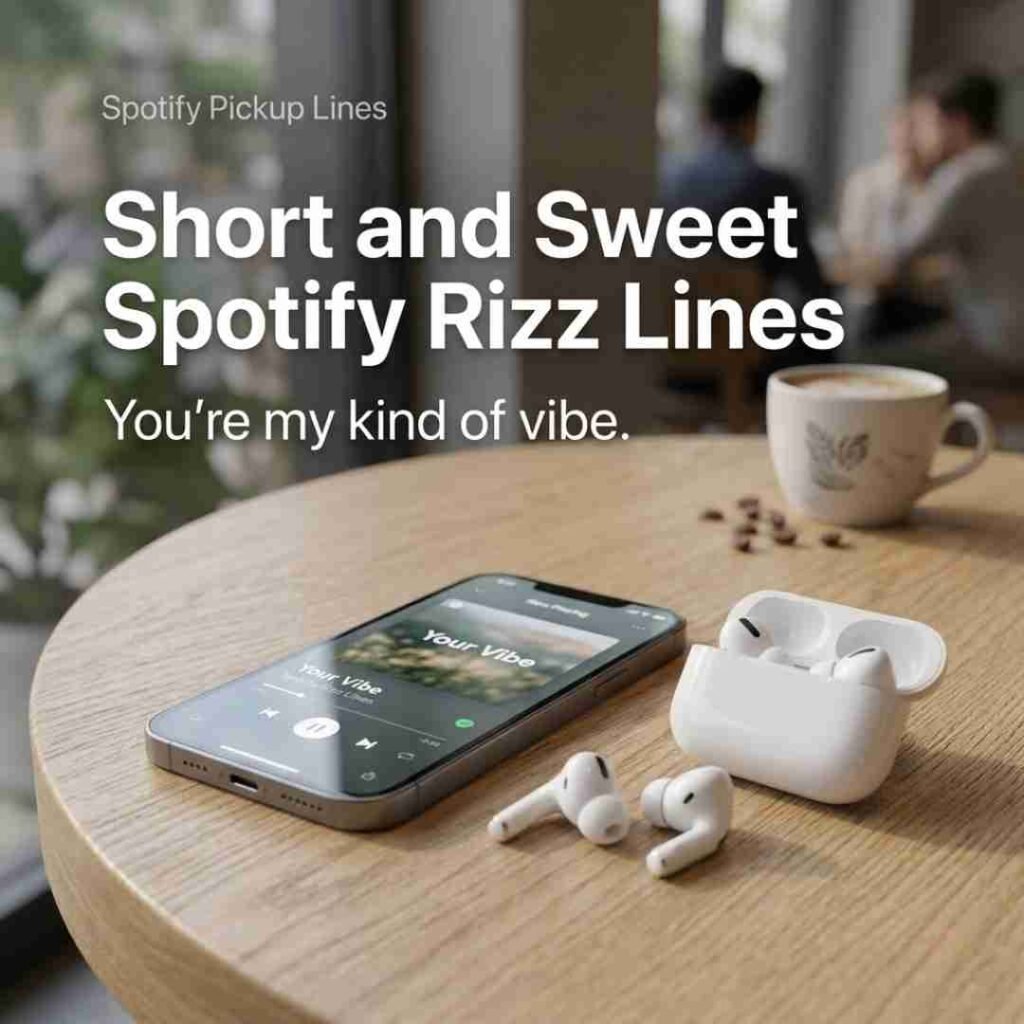 A minimalist music scene featuring a smartphone and earbuds with short and sweet Spotify Pickup Lines and a concise rizz message.