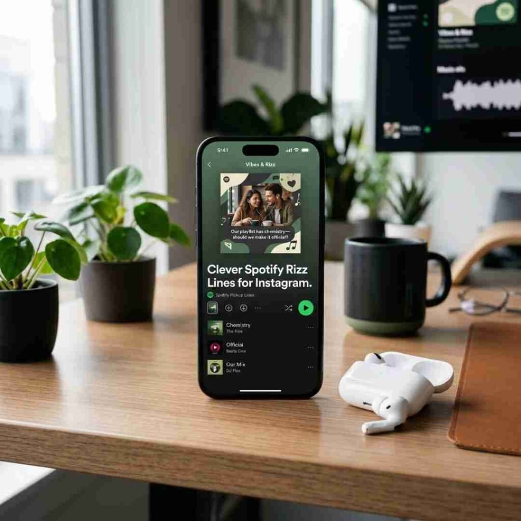 Clever Instagram-style music scene featuring a smartphone playlist and Spotify Pickup Lines with a witty rizz message.