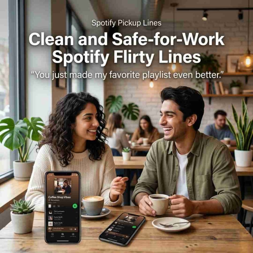 Clean and safe-for-work Spotify Pickup Lines featuring two friends chatting over coffee with a wholesome music-themed flirty message.