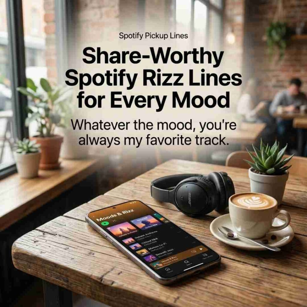 Share-worthy Spotify Pickup Lines featuring a stylish smartphone playlist, headphones, coffee, and a music-themed rizz message for every mood.