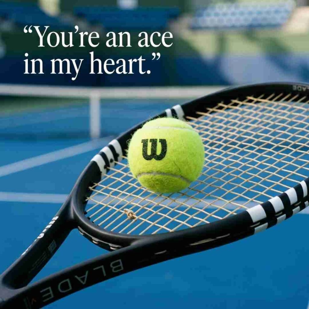 Short and sweet tennis puns image with tennis ball on racket and the quote You’re an ace in my heart.
