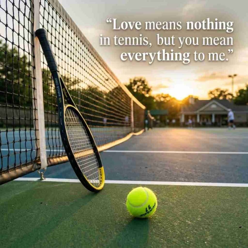 Tennis puns for Instagram image featuring a tennis racket and ball on a sunlit court with the quote Love means nothing in tennis but you mean everything to me.