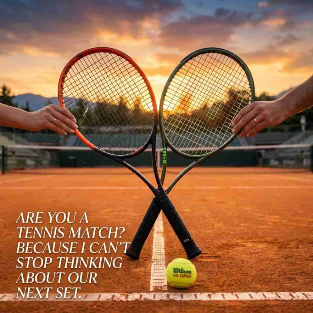 Romantic tennis puns image showing heart-shaped tennis rackets with a romantic tennis pickup line on a sunset court.