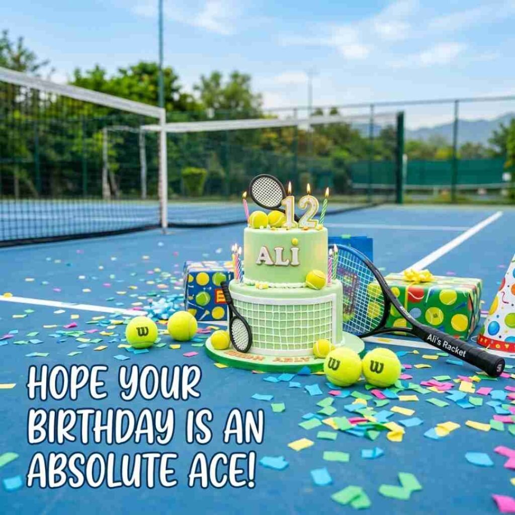 Tennis birthday puns image featuring tennis-themed cake and the message Hope your birthday is an absolute ace.
