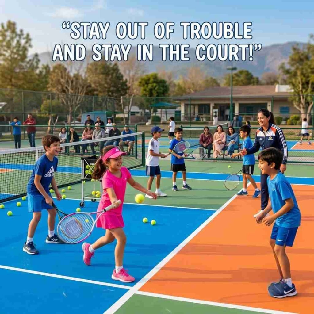 Funny tennis puns for kids and teens image showing young players with the quote Stay out of trouble and stay in the court.