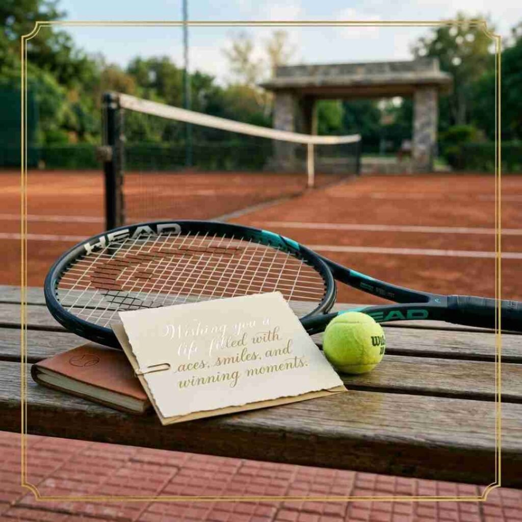 Tennis puns for cards and messages image with tennis gear and a heartfelt tennis-themed wish.