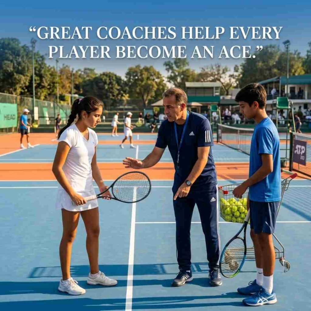 Tennis puns for coaches image featuring tennis training session and motivational tennis quote.