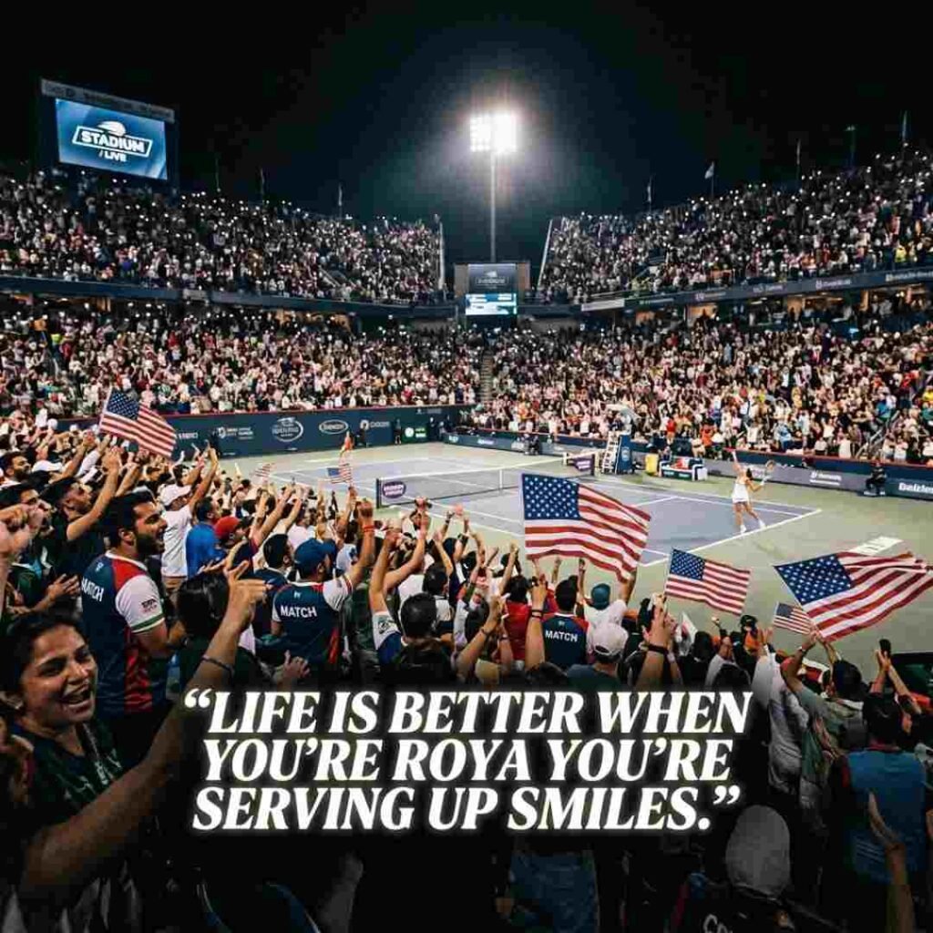 Tennis puns for fans image showing a packed tennis stadium and the quote Life is better when you’re serving up smiles.