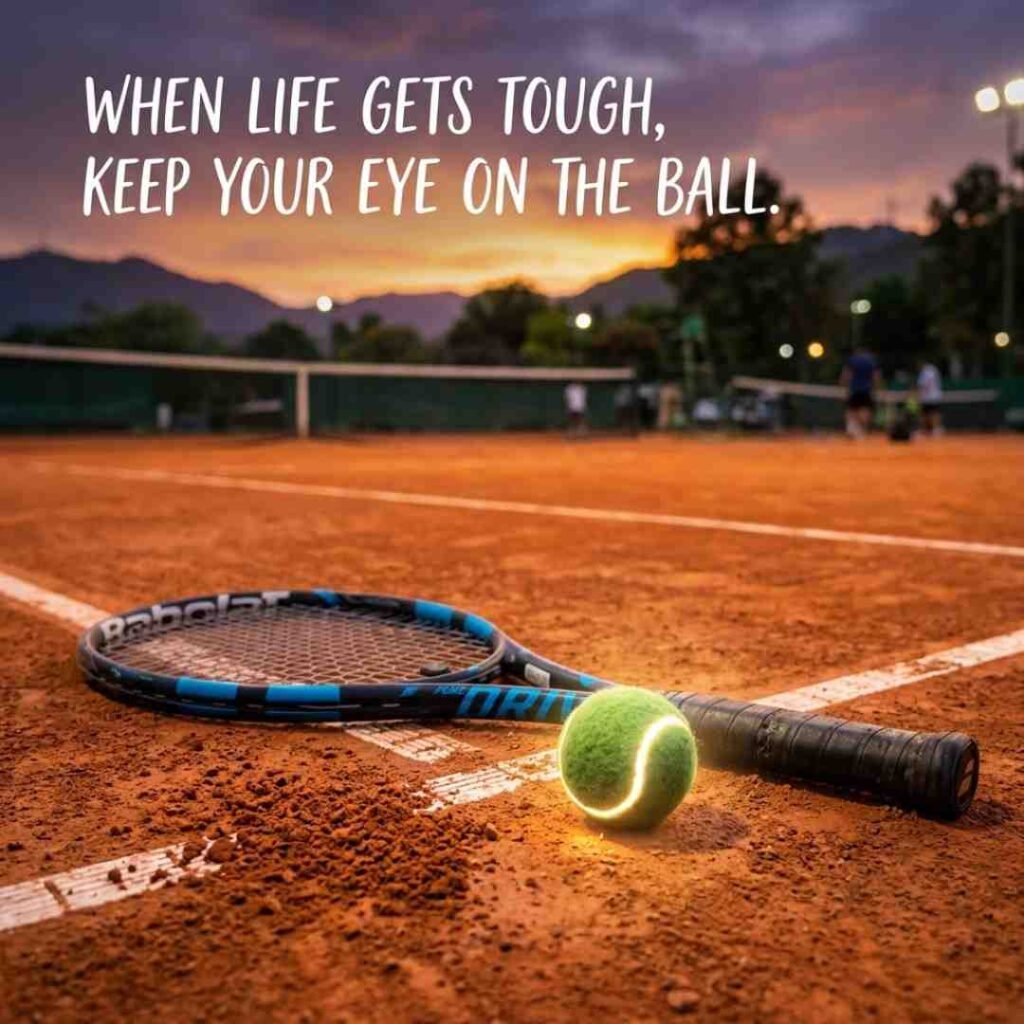 Share-worthy tennis puns image featuring a sunset tennis court and inspirational tennis quote about keeping your eye on the ball.