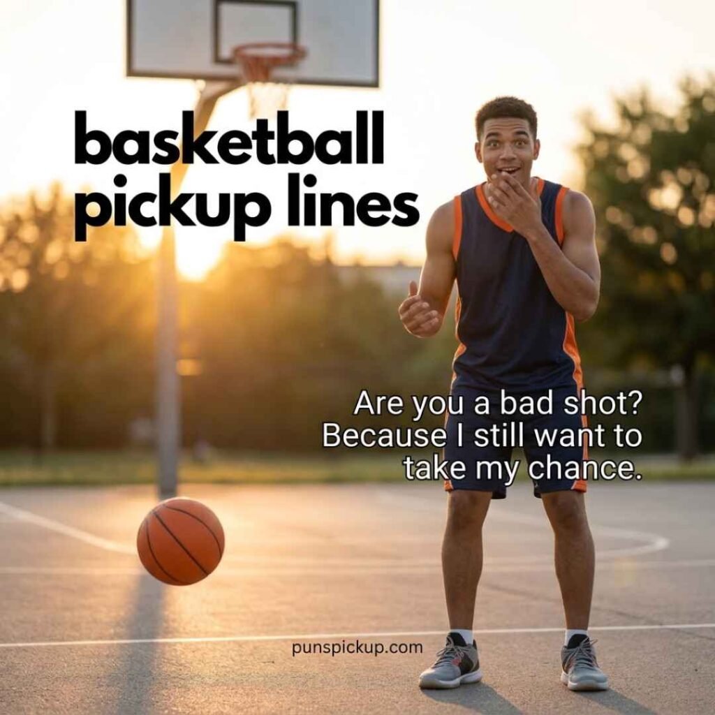 A funny basketball scene with basketball pickup lines, a playful missed shot, orange basketball, outdoor court, and a humorous pickup line.