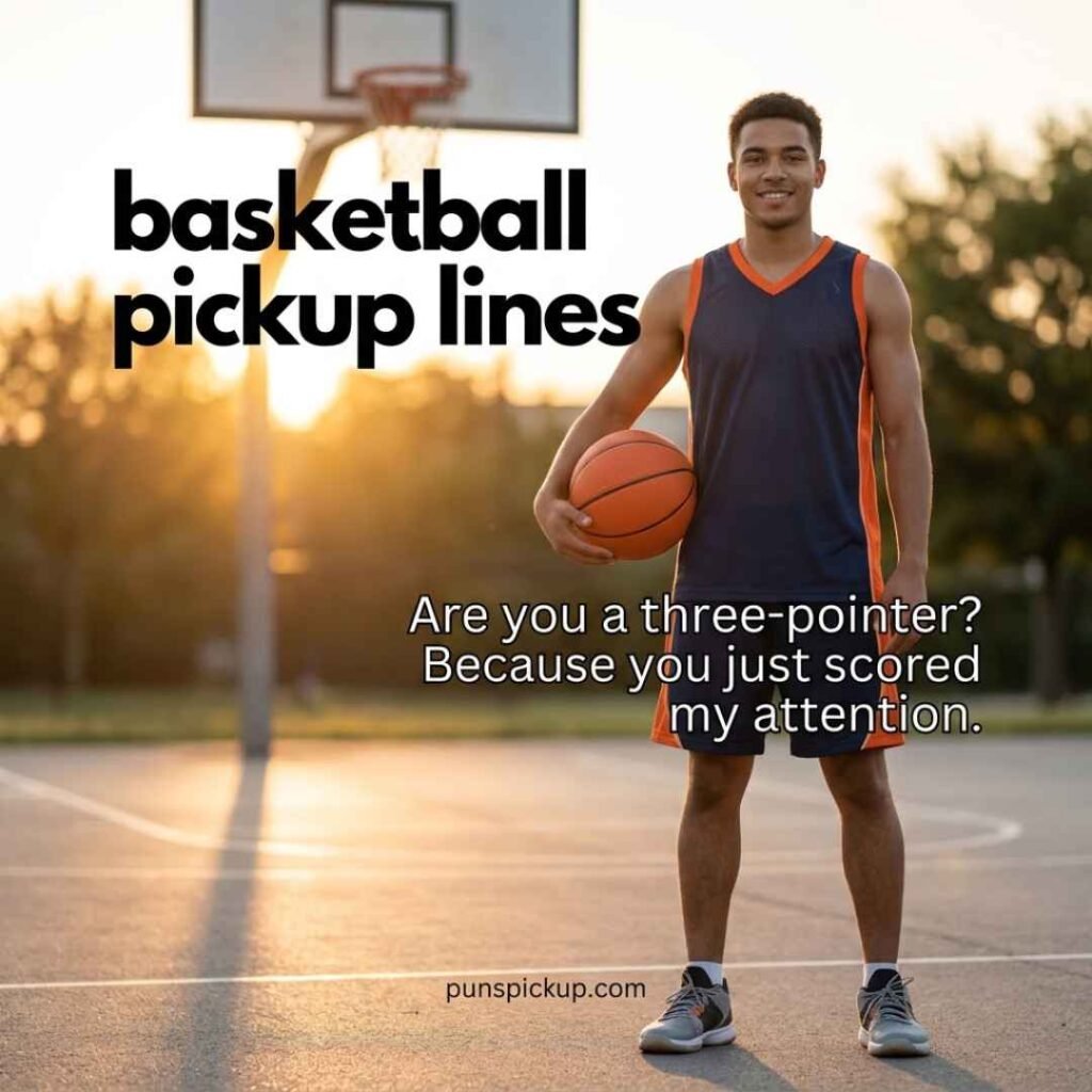 Basketball pickup lines featuring a confident basketball player, orange basketball, outdoor court, and the pickup line “Are you a three-pointer? Because you just scored my attention.”