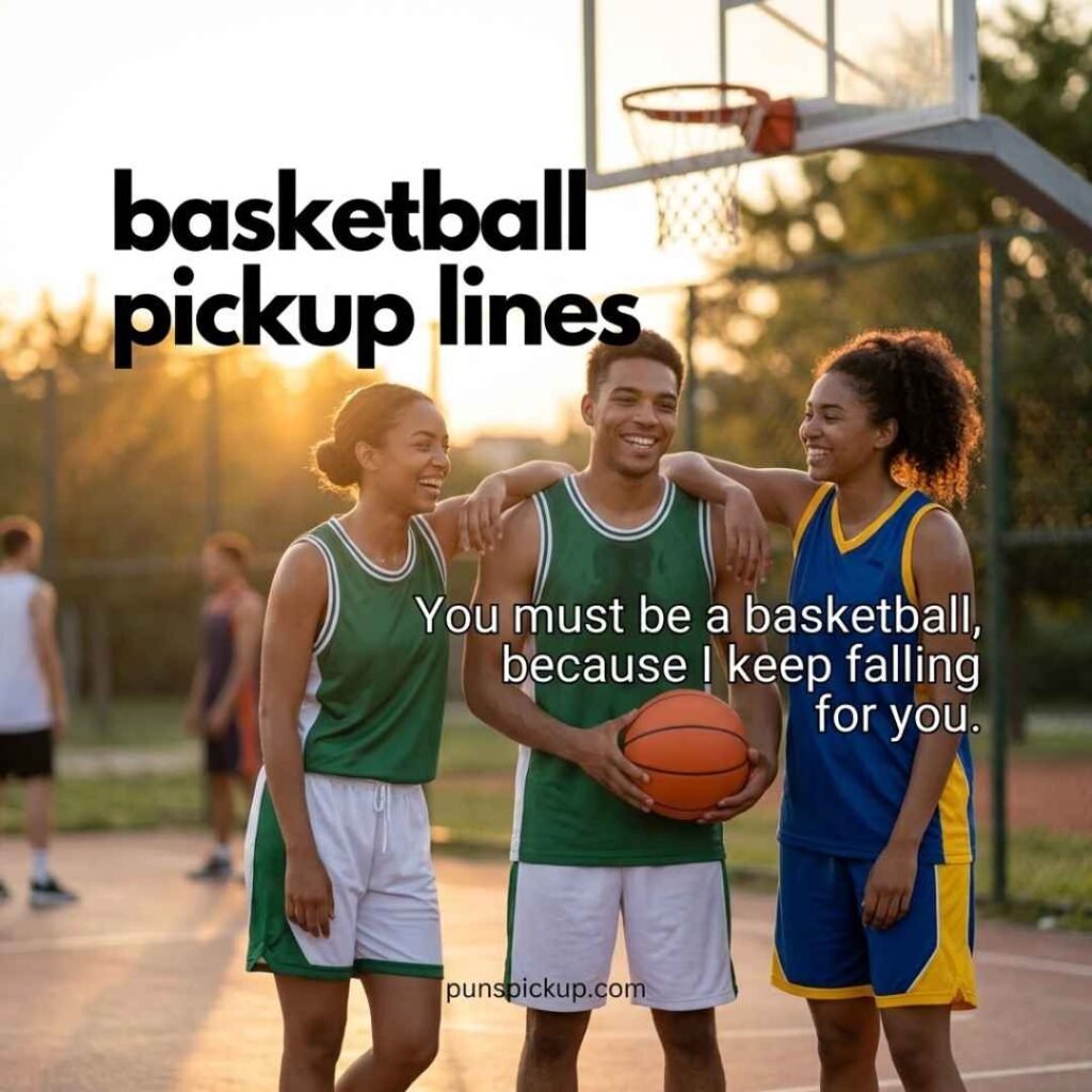 Cheesy basketball pickup lines with two smiling basketball players, a court and hoop, plus a playful romantic basketball saying.