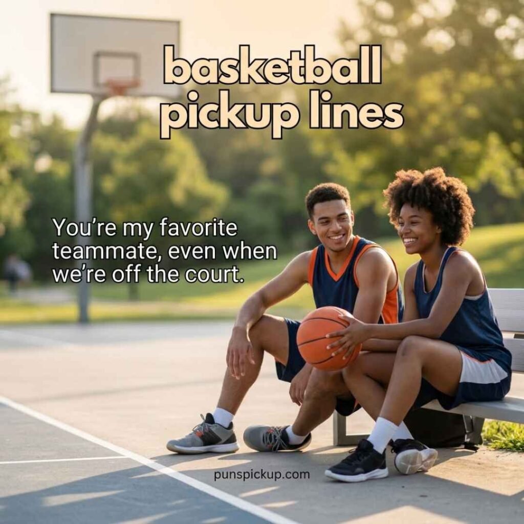 Cute basketball players sharing a sweet moment with basketball pickup lines text and a wholesome basketball-themed saying on an outdoor court.