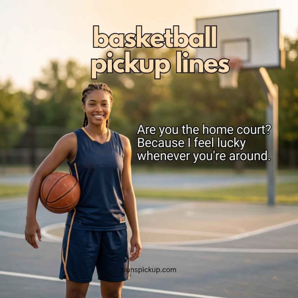 Basketball pickup lines for her featuring a confident female basketball player, orange basketball, outdoor court, and a sweet basketball-themed pickup line.