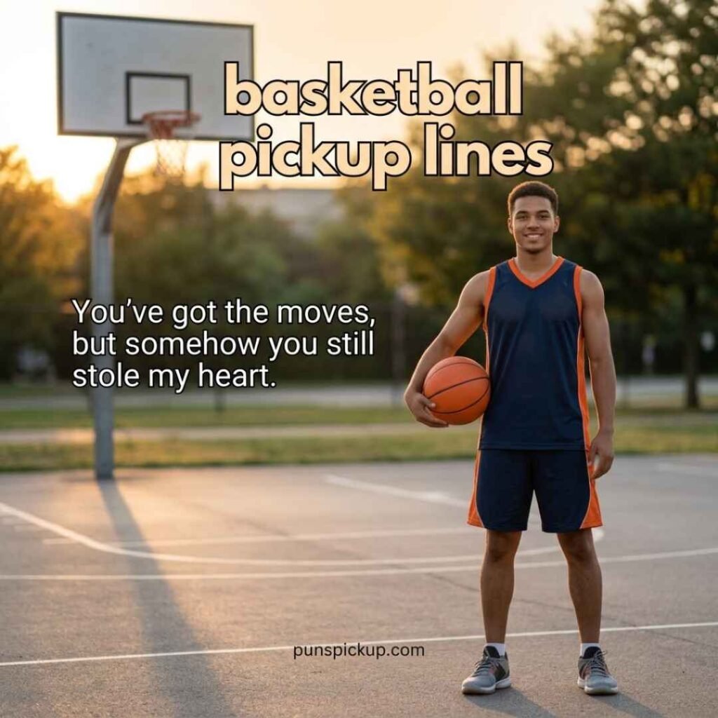 A male basketball player with an orange ball and court backdrop, featuring sweet basketball pickup lines for him and a romantic sports-themed message.