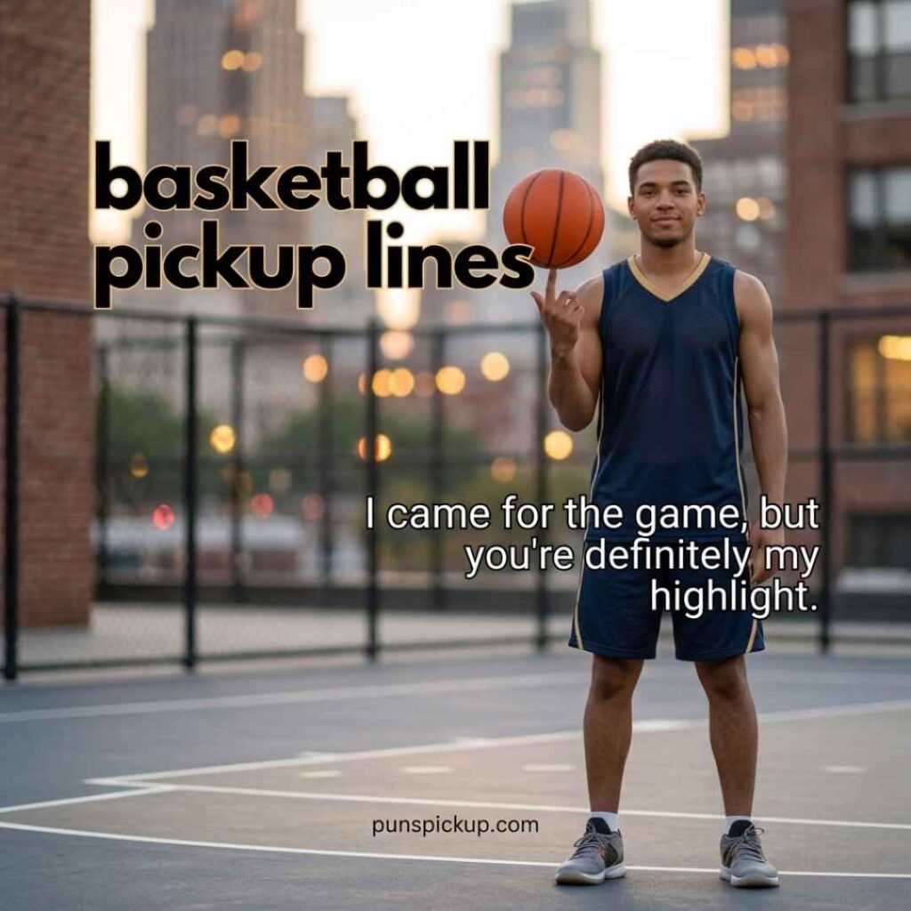 Confident basketball player spinning a ball with basketball pickup lines, urban court lighting, and a smooth basketball rizz message.