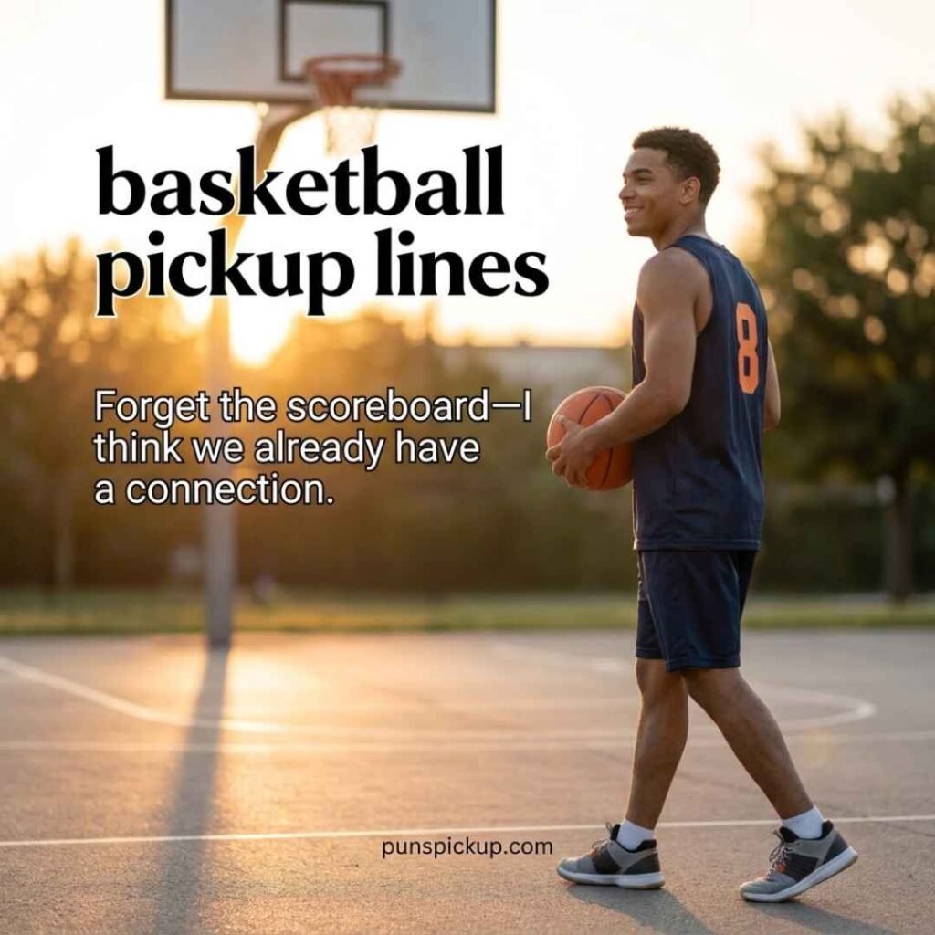 Smooth basketball rizz scene featuring basketball pickup lines, a confident player, glowing court, basketball, and a stylish connection-themed line.