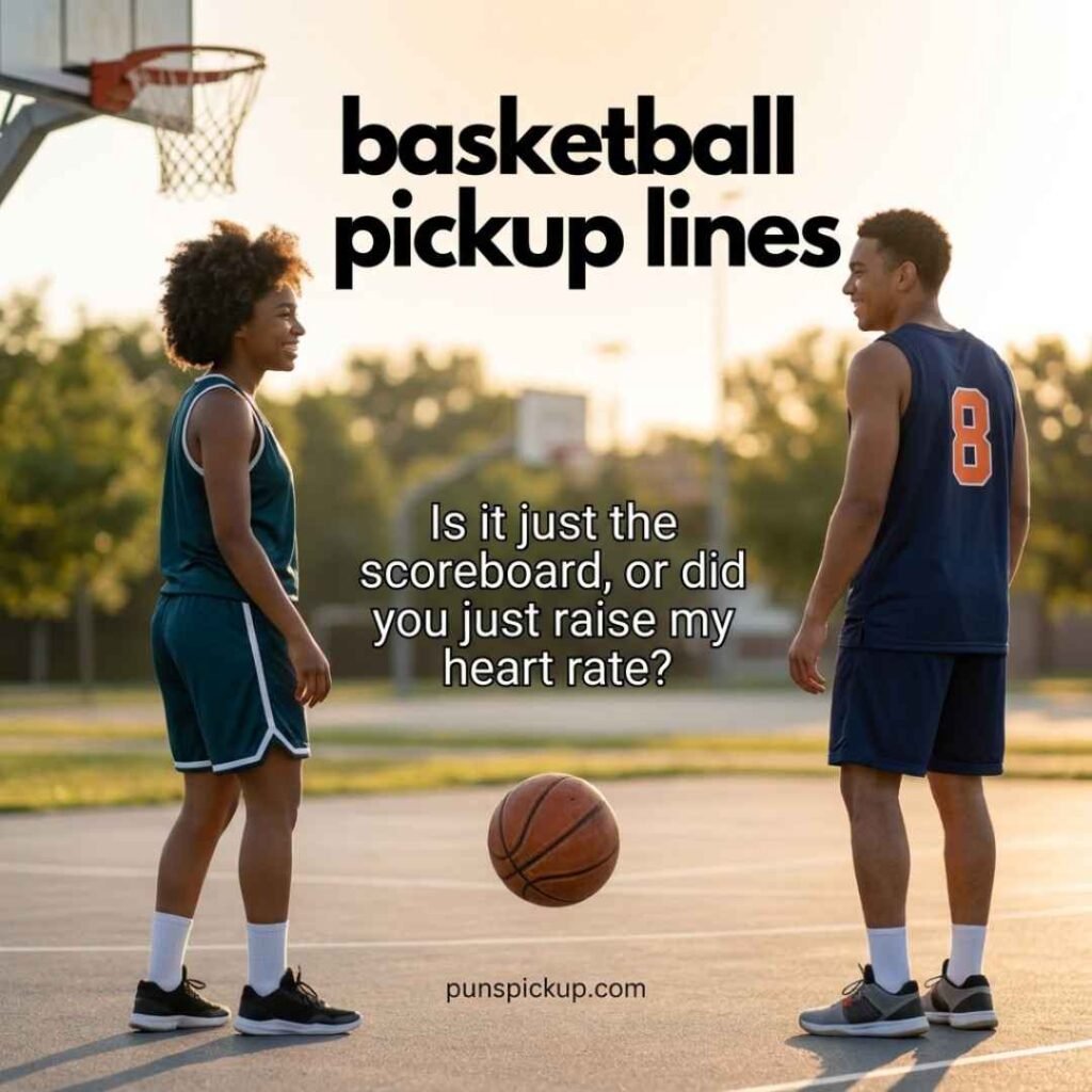 Flirty basketball scene with two players and basketball pickup lines, featuring an outdoor court, orange basketball, and playful heart-rate pickup line.