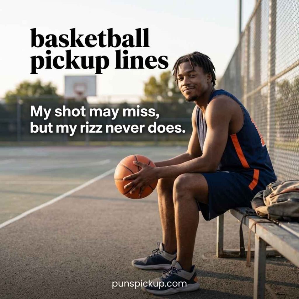 Basketball rizz meme featuring a relaxed player, orange basketball, outdoor court, and basketball pickup lines with a clever one-liner about never missing the rizz.