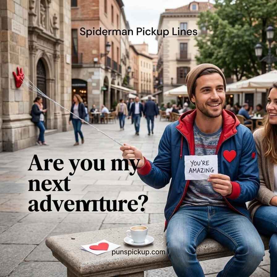 A confident superhero-inspired rooftop scene with Spiderman pickup lines and a wholesome message designed for him.