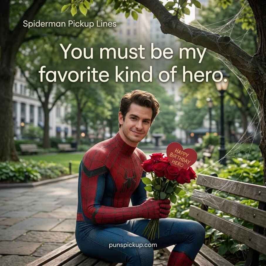 Cute park scene with flowers and a wholesome romantic message featuring Spiderman pickup lines in a realistic superhero-inspired setting.