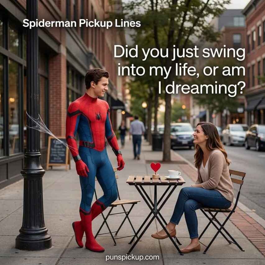 A playful café moment featuring a superhero-inspired setting and flirty Spiderman pickup lines for a crush.