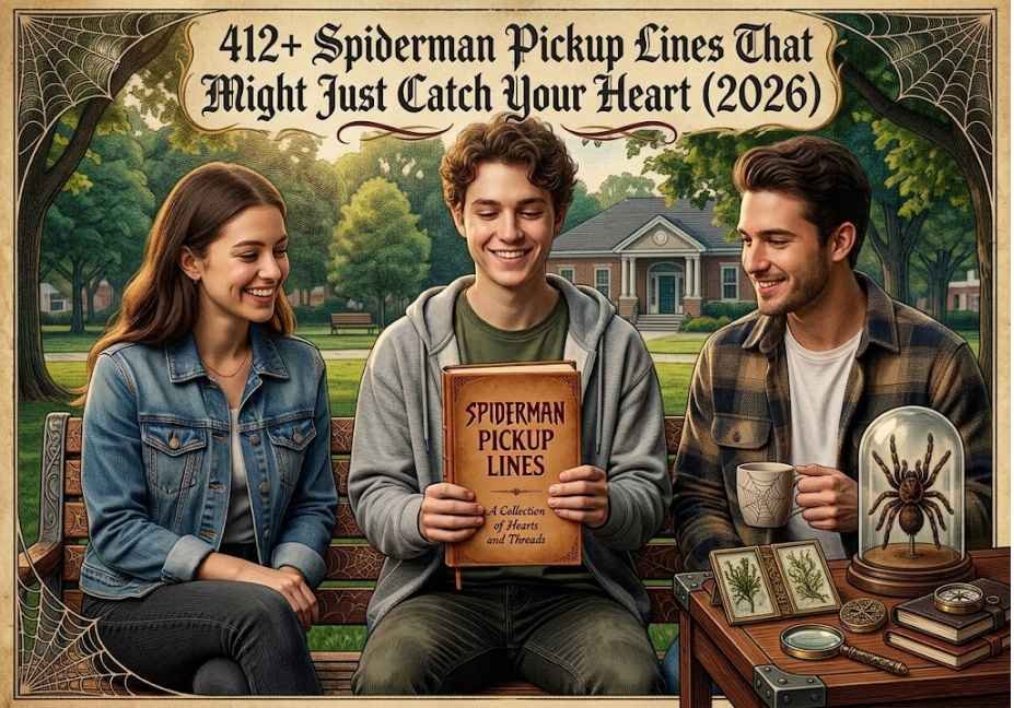 Three smiling young adults sitting on a park bench reading a book titled 'Spiderman Pickup Lines', surrounded by subtle spider-themed decor like webs and a spider in a glass dome