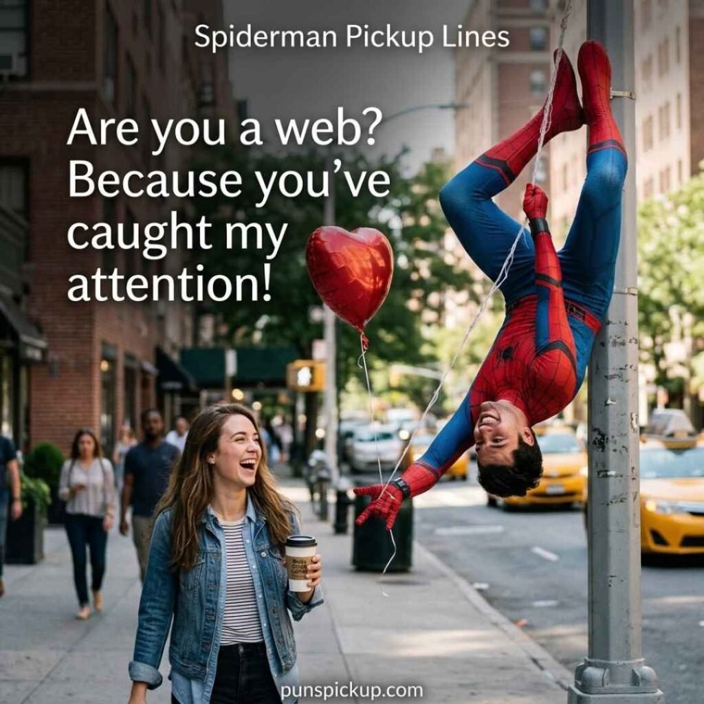 Funny Spiderman pickup lines scene with a realistic superhero-inspired city setting, playful web-swinging moment, and humorous romantic quote.