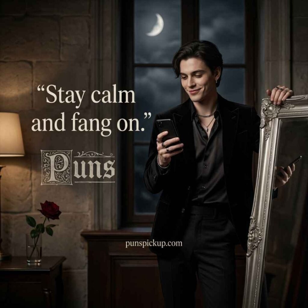 A stylish vampire Instagram scene with clever Puns, a smartphone, vintage mirror, moonlight, and the saying “Stay calm and fang on.”